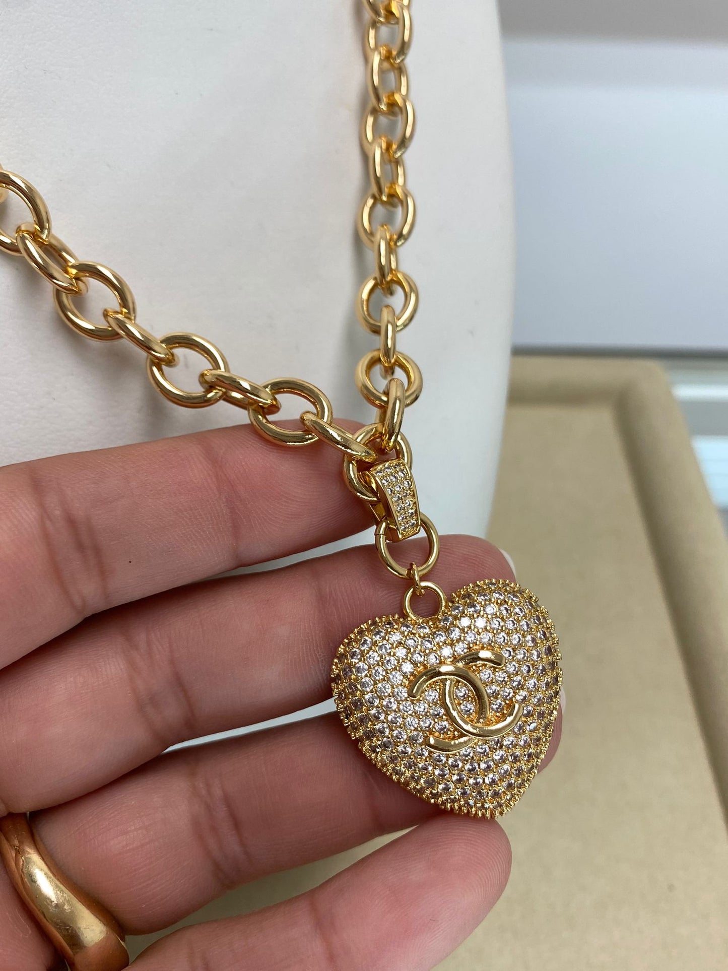 Portuguese Chain Necklace with Zirconia Heart Pendant