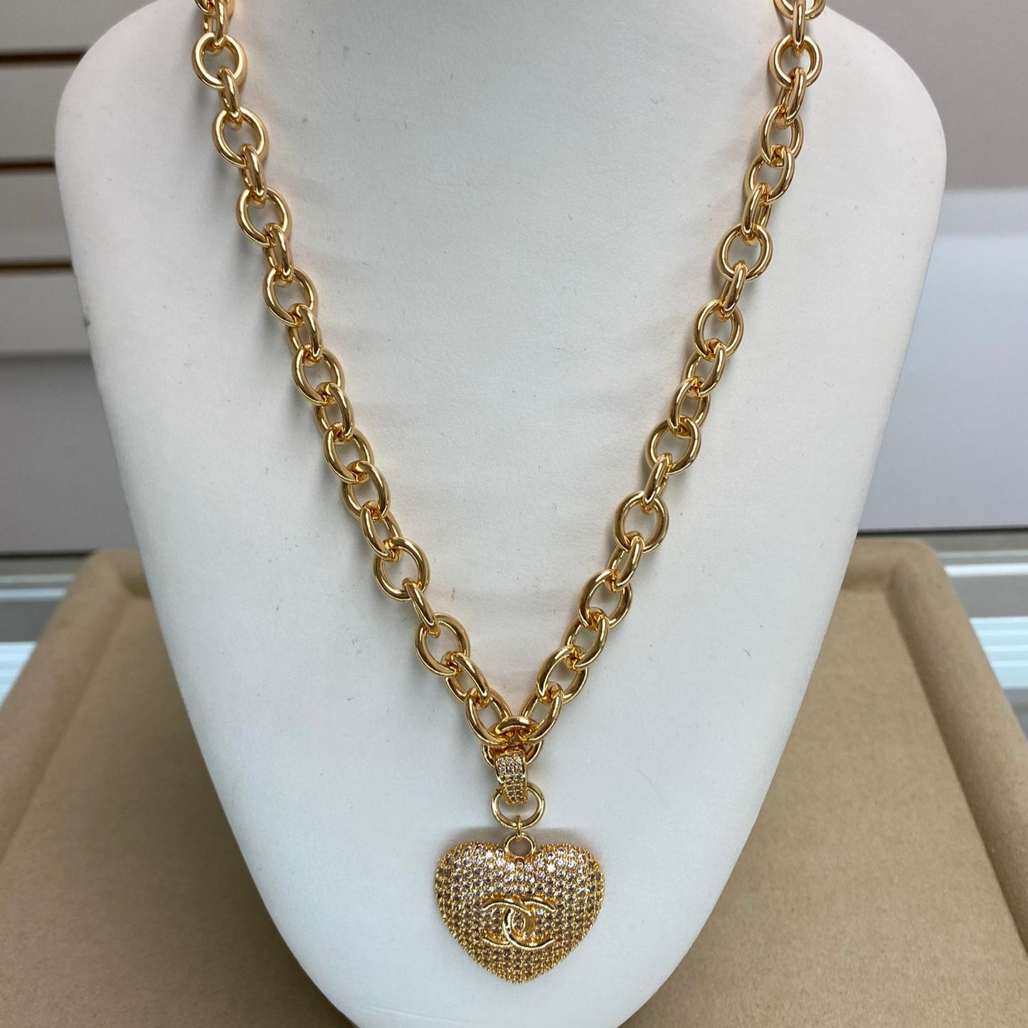 Portuguese Chain Necklace with Zirconia Heart Pendant