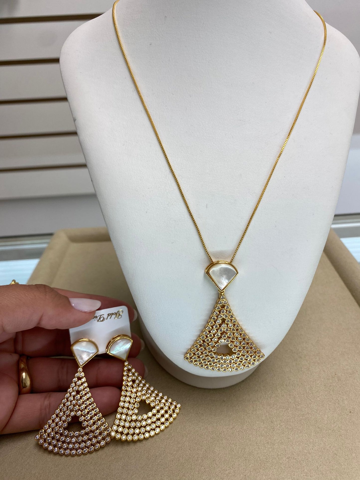Gold Triangle Pendant Earring with Zirconia and White Stone
