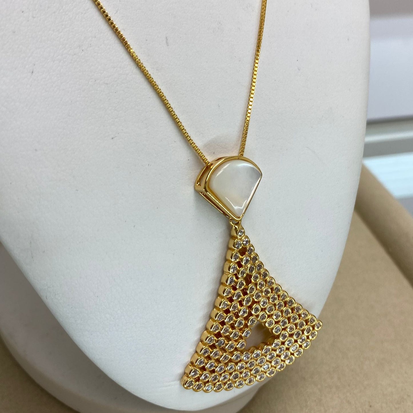 Golden Triangle Pendant Necklace with Zirconia and White Stone
