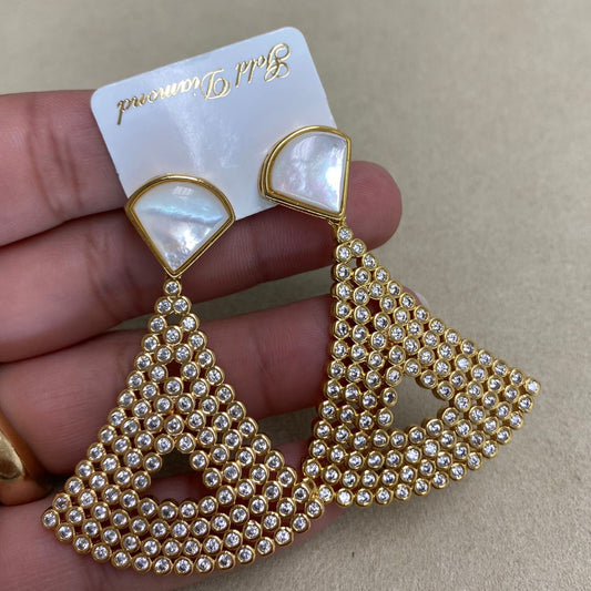 Gold Triangle Pendant Earring with Zirconia and White Stone